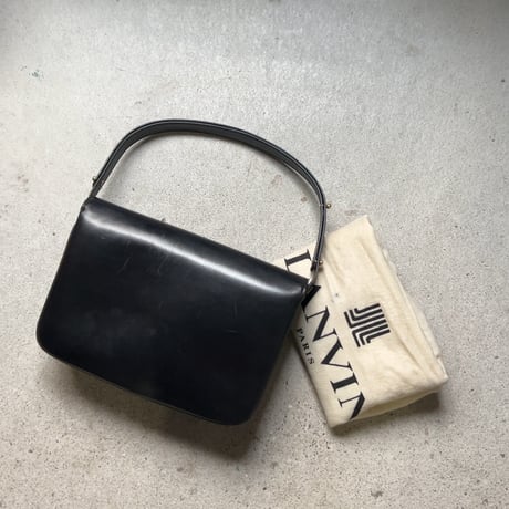 80s VINTAGE LANVIN レザー 2wayショルダーバッグ/ハンドバッグ  フランス製 総革 黒/ゴールド金具 金ロゴ ブラック ヴィンテージバッグ オールドランバン 保存袋付 中古良品