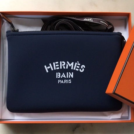 HERMES エルメス ネオバン PM フラットポーチ ネイビー/ブラック金具 ロゴ入りコスメポーチ 化粧ポーチ 小物入れ インバッグ 中古美品