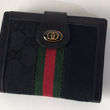 GUCCI オールドグッチ 2つ折りWホックコンパクトウォレット ミニ財布 レザー/ GGキャンバス ブラック 極美品　ヴィンテージウォレット