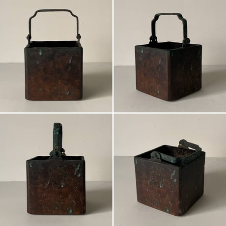 古い持ち手付銅器  手炉 手炙り 炭入れ コンロ 茶道具 赤銅 古銅 花器 幅約13.5cm