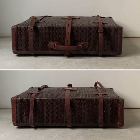 昭和初期 古い柳行李のトランク  レザーバンド/レザーハンドル/レザーネームホルダー  付属品有り