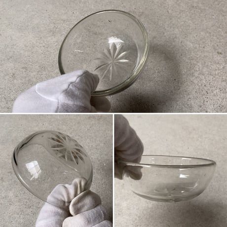 ヴィンテージ  ガラス器 菊紋様 昭和初期 気泡ガラス 深皿 小鉢 古い器 デザート器  ※3点セット