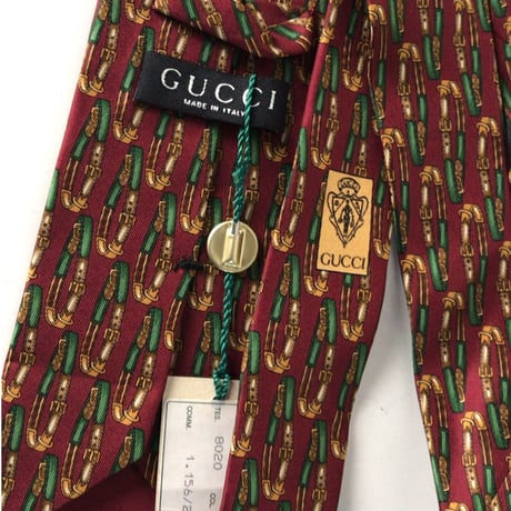 GUCCI オールドグッチ ヴィンテージ ネクタイ タグ付きデッドストックベルト総柄  ボルドー シルク100% 未使用品
