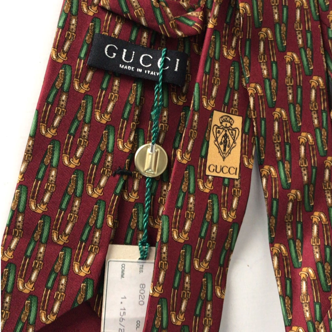 GUCCI オールドグッチ ヴィンテージ ネクタイ タグ付きデッドストックベルト総柄 ボルドー シルク 100% 未使用品