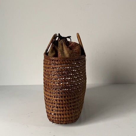 古い籐巻きの煎茶籠 中間サイズ 30cm  更紗あり  ヴィンテージカゴバッグ ほぼ 完品