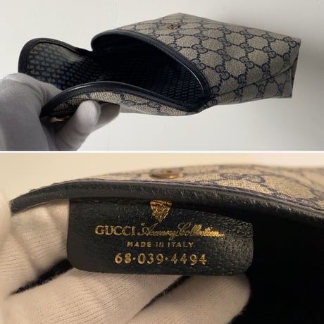 GUCCI オールドグッチ  GG柄コーティングキャンバス フラップ付ミニポーチ ネイビー  ヴィンテージポーチ 18.5cm