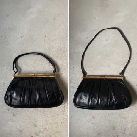 ヴィンテージ パーティバッグ  ブラックレザー/真鍮がま口  ギャザーデザイン ストラップは2way仕様  50s60s 中古良品