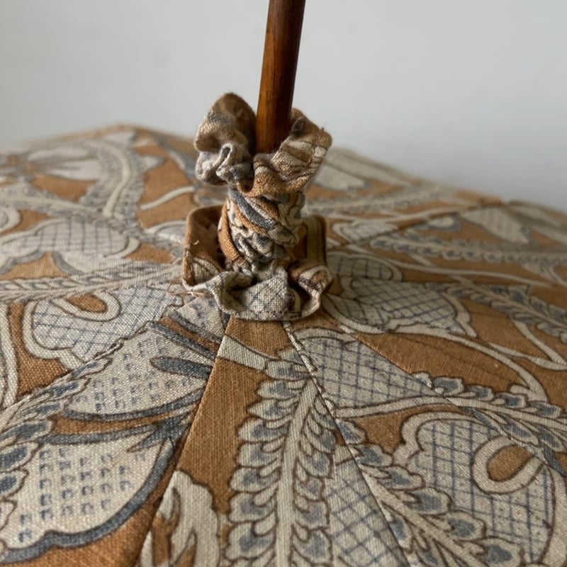 アンティーク日傘 型染 花柄 木彫りハンドル 竹ボタン 大正-昭和初期