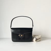 80s VINTAGE LANVIN レザー 2wayショルダーバッグ/ハンドバッグ  フランス製 総革 黒/ゴールド金具 金ロゴ ブラック ヴィンテージバッグ オールドランバン 保存袋付 中古良品