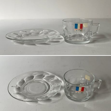 arcoroc アルコロック  ガラス製 ヴィンテージ カップ＆ソーサー 2個セット  耐熱 無色透明 未使用品 made in france