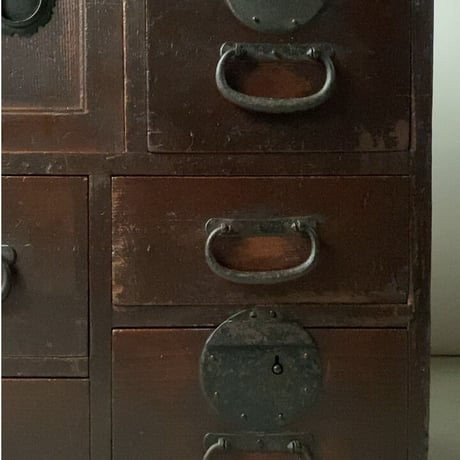 アンティーク小さい帳場箪笥 江戸期 慶応 幕末 1860年代 杉材無垢 9杯引出し＋引戸棚  良品