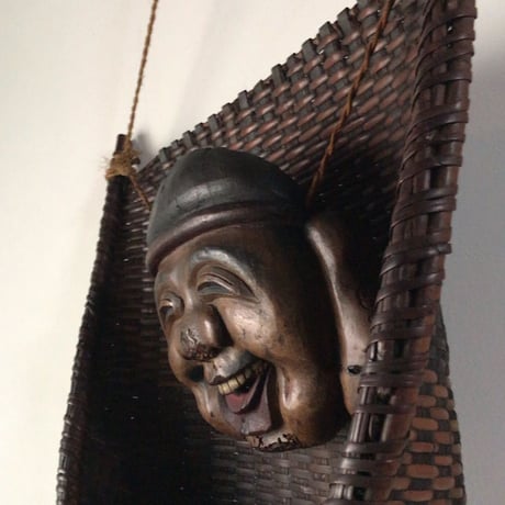 大正時代  珍品希少 恵比寿大黒天 福箕一対 ざる一対  木製お面 七福神 十日えびす 十日戎 えべっさん  商売繁盛 縁起物  黒光最高のエイジングです。