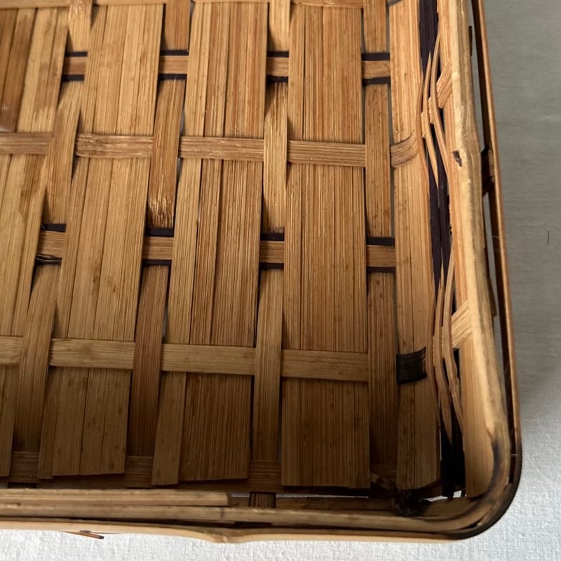 竹の平籠 バイカラーひしぎ編み 古作工芸品 竹工芸 手仕事 中型道具箱