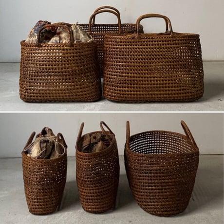 古い籐巻きの煎茶籠 小さめサイズ 24cm  更紗あり  ヴィンテージカゴバッグ 完品