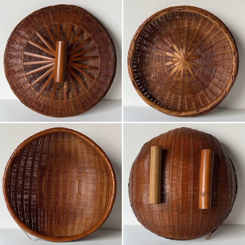 古い竹編みの水切り籠(蓋付き) 昭和初期 竹編み 工芸品 竹工芸