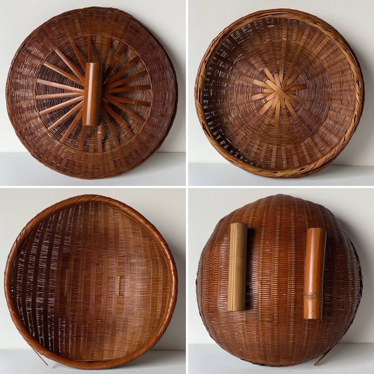 古い竹編みの水切り籠(蓋付き) 昭和初期 竹編み 工芸品 竹工芸 古民藝