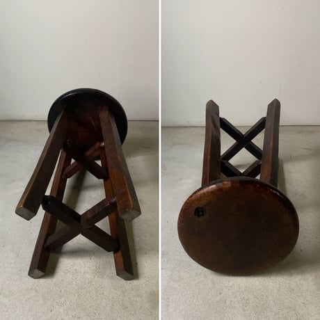古い木製スツール 節有り広葉樹座面 トロトロ黒光 極上ヴィンテージスツール 丸椅子 木製無垢材 戦前古作 完品