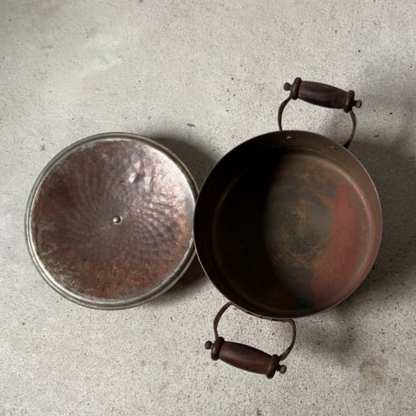 Old COPPER100 HOMEWARE 新光金属 コッパー100 ホームウェア 純銅ヴィンテージ コルドロン 両手鍋 20cm 木製ハンドル 木製摘み  ヴィンテージキッチンツール  中古良品