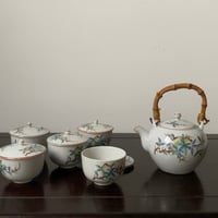 松風 古い茶器セット(急須+蓋茶碗5客) 桃柄 桃図 植物画   竹持ち手 湯呑 煎茶器
