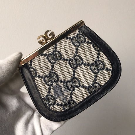 GUCCI グッチ オールドグッチ コーティングGGキャンバス/レザー ガマ口  コインケース  ネイビー ヴィンテージ 中古美品