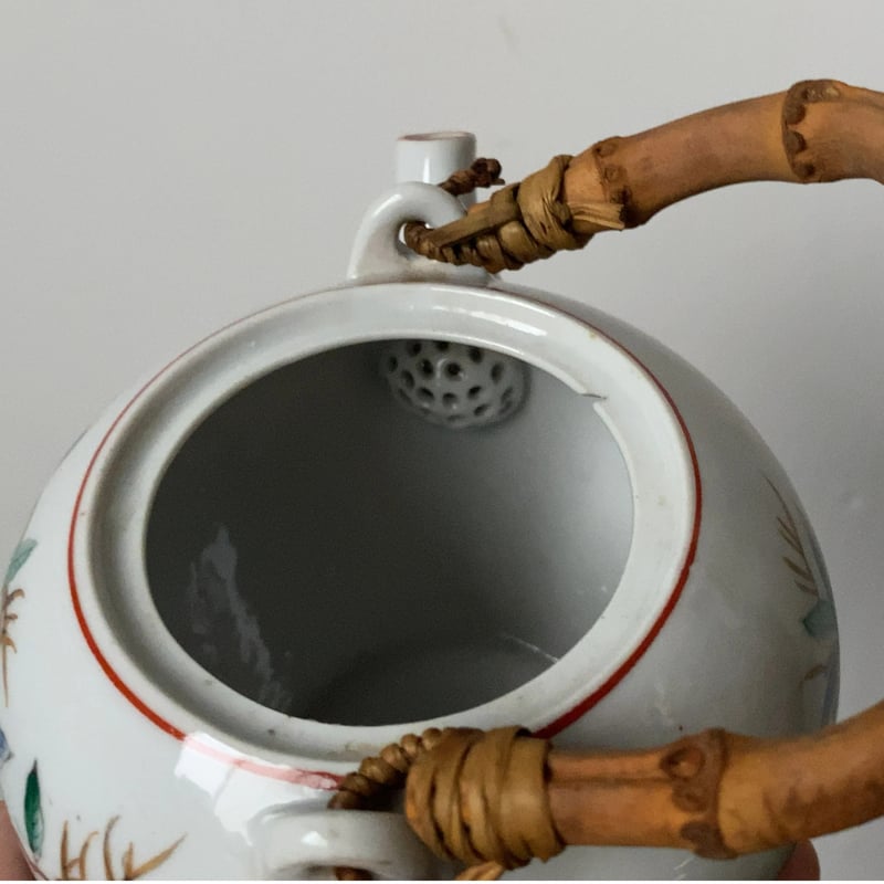 松風 古い茶器セット(急須+蓋茶碗5客) 桃柄 桃図 植物画 竹持ち 松風 古い茶器セット(急須+蓋茶碗5客) 桃柄 桃図 植物画 竹持ち
