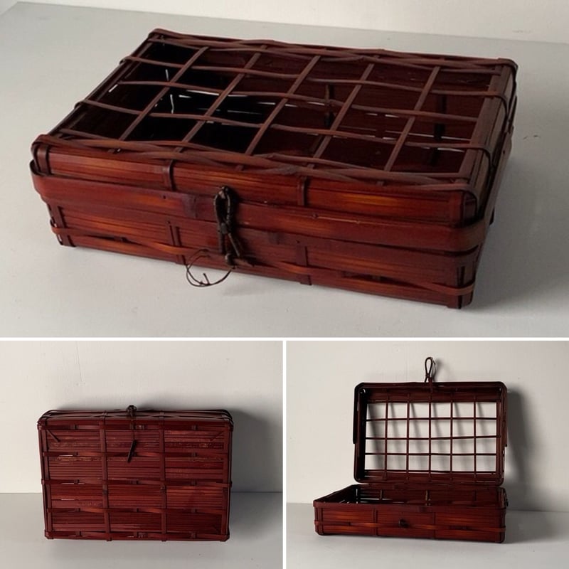 アンティーク 蓋付き竹編ボックス ひしぎ編み 蓋格子編み 楔ロック鍵