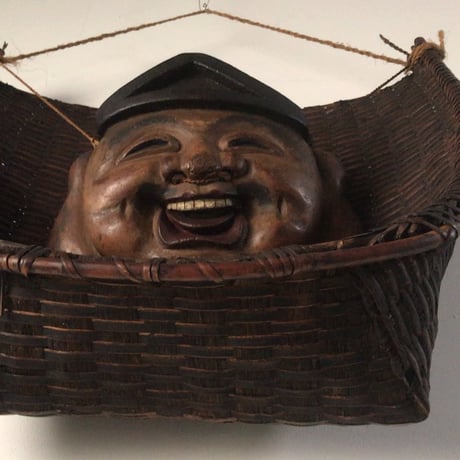 大正時代  珍品希少 恵比寿大黒天 福箕一対 ざる一対  木製お面 七福神 十日えびす 十日戎 えべっさん  商売繁盛 縁起物  黒光最高のエイジングです。