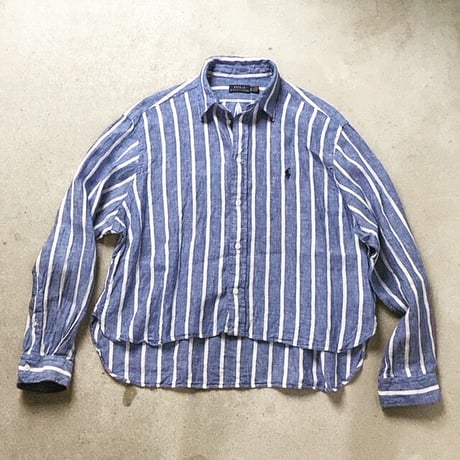 POLO RALPH LAUREN ポロ ラルフローレン 2020年製 クロップドリネンシャツ 青/白 ストライプ ドロップショルダー size XS  USED美品
