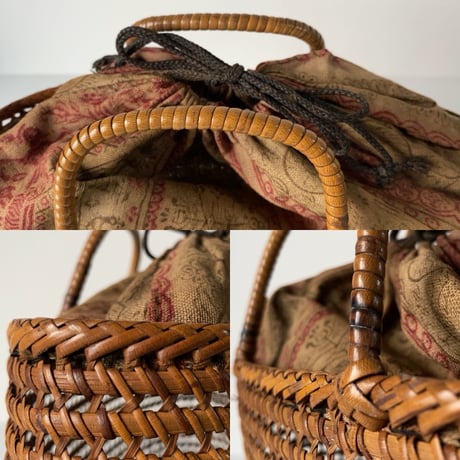 古い籐巻きの煎茶籠 中間サイズ 30cm  更紗あり  ヴィンテージカゴバッグ ほぼ 完品