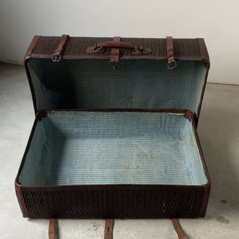 昭和初期 古い柳行李のトランク レザーバンド/レザーハンドル/レザー