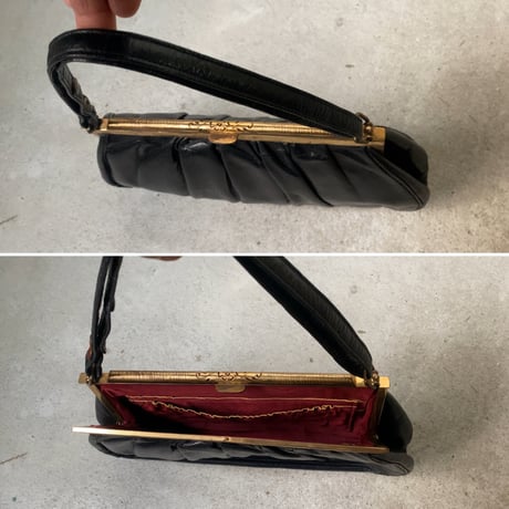 ヴィンテージ パーティバッグ  ブラックレザー/真鍮がま口  ギャザーデザイン ストラップは2way仕様  50s60s 中古良品