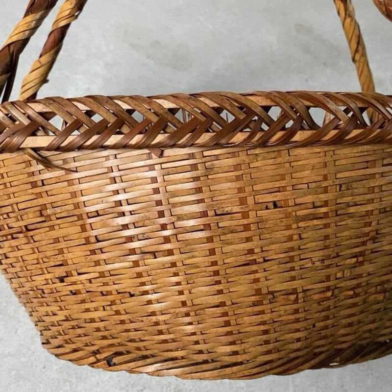 古い 果物籠 4点留ワンハンドル フルーツバスケット 古民藝 竹編籠 竹
