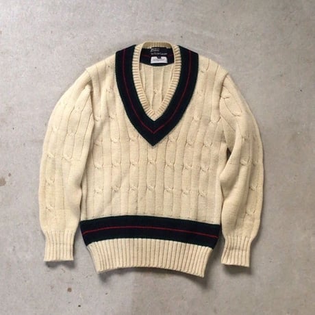 Polo by Ralph Lauren ポロ ラルフローレン　80sヴィンテージ  ケーブル編み Vネック チルデンセーター  size S   ウール100%  好配色