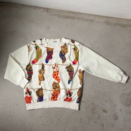 CHADORIAN チャドリアン 猫柄のトレーナー サテンフロント 猫画 総柄 レトロ ヴィンテージ 中古良品