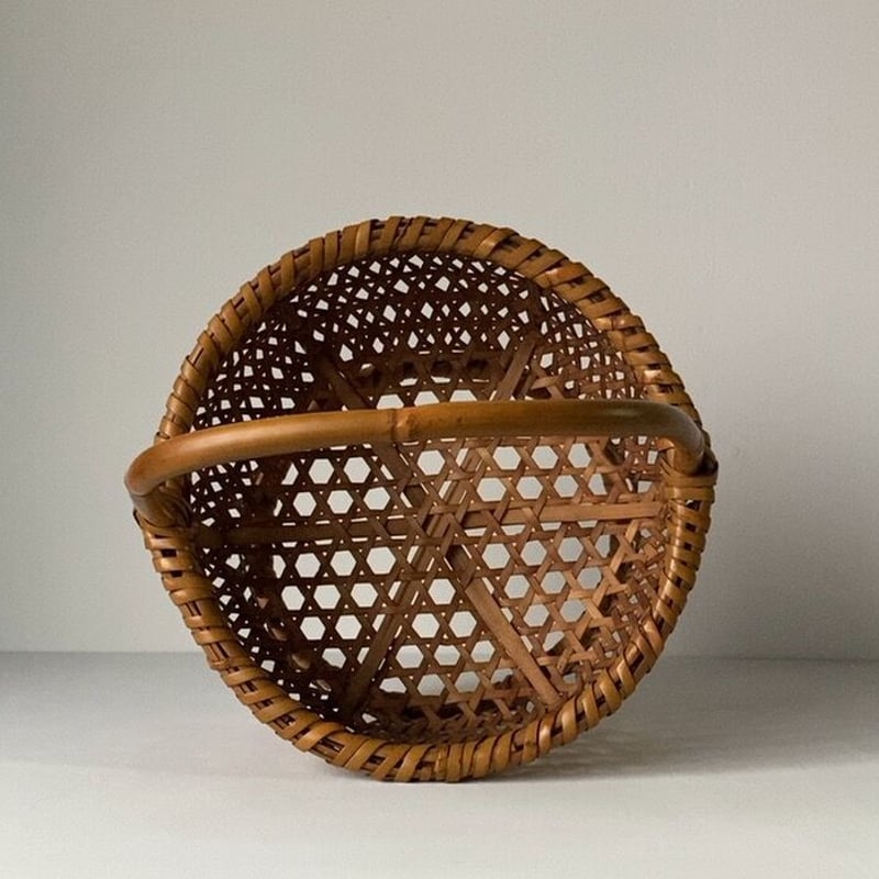 足付き茶碗籠 幅約29cm 竹編丸竹持ち手 ワンハンドルヴィンテージ