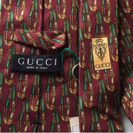 GUCCI オールドグッチ ヴィンテージ ネクタイ タグ付きデッドストックベルト総柄  ボルドー シルク100% 未使用品