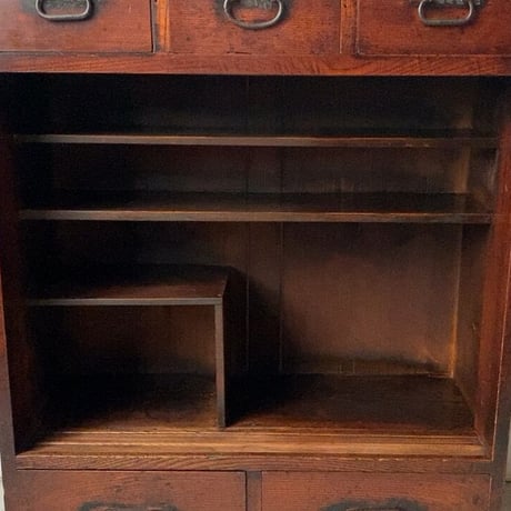 アンティーク小さい茶箪笥 帳場箪笥  引戸棚＋3杯＋2杯引出し構成 前欅材 明治初期 古和家具 茶棚