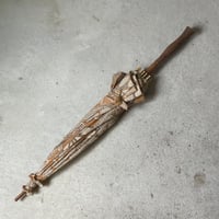 アンティーク日傘 型染 花柄 木彫りハンドル 竹ボタン 大正-昭和初期 ベージュ/グレー ジャパンヴィンテージ 日本製 美品範疇