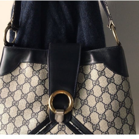 GUCCI グッチ オールドグッチ コーティングGGキャンバス/レザー ショルダー バッグ ネイビー ヴィンテージ 中古美品