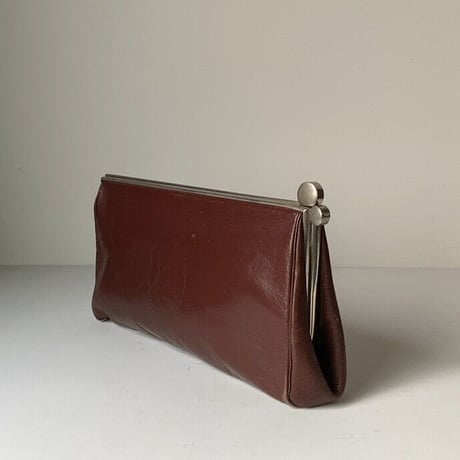 ヴィンテージ がま口 クラックバッグ ポーチ セカンドバッグ  レザー ボルドー系ブラウン 60s70s マチ有り 蛇腹開口 革鞄