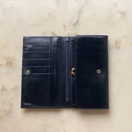 GUCCI  オールドグッチ  ロングウォレット ホースシューゴールド金具 ブラックスムースレザー 2つ折 がま口 70s80s ヴィンテージウォレット