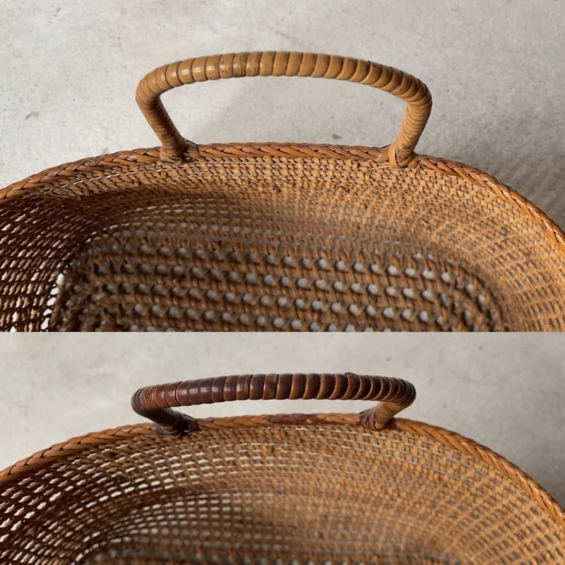 古い茶籠 左右幅 31.5cm 籐編み トート型ヴィンテージ カゴ 古い茶籠 左右幅 31.5cm 籐編み トート型ヴィンテージ カゴ