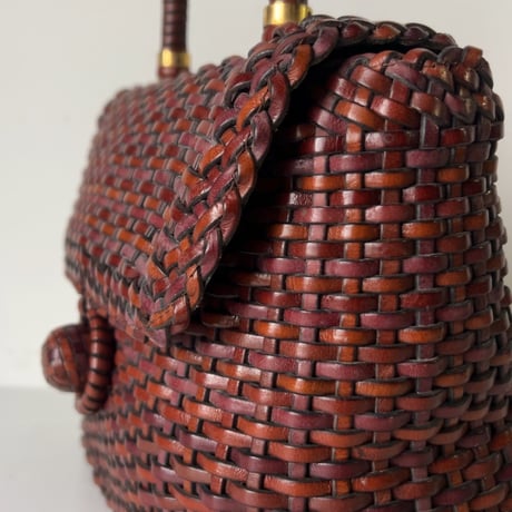 70s VINTAGE bag  OFFEL paris  オフィール パリス　レザー総編みハンドバッグ ケリー型 イントレチャート ブラウン クルミボタン 本革 革編み 中古良品