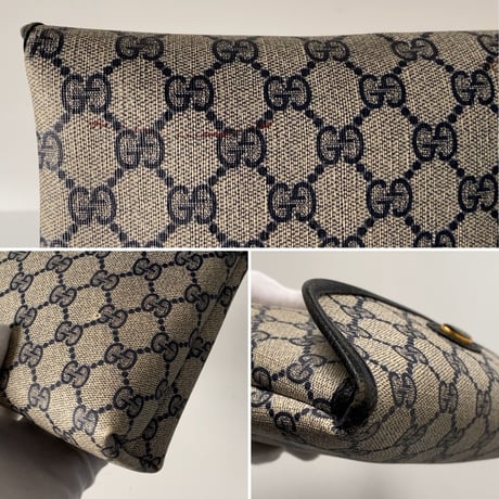 GUCCI オールドグッチ  GG柄コーティングキャンバス フラップ付ミニポーチ ネイビー  ヴィンテージポーチ 18.5cm