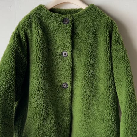 mao made  マオメイド  モックネックノーカラーボアジャケット  もこもこ いつものモックネックジャケット ピスタチオグリーン　中古良品