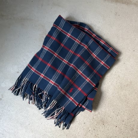RALPH LAUREN ラルフローレン チェック柄 大判ストール ウール100% ひざ掛け 膝掛け 肩掛け マフラー ダークブルー/赤/白 好配色 POLO ポロ 中古美品