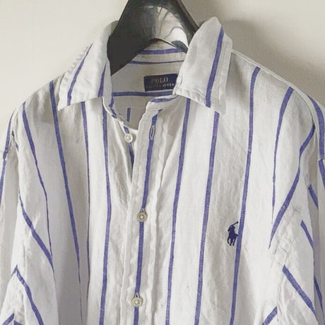 POLO RALPH LAUREN ポロ ラルフローレン 2020年製 クロップドリネンシャツ 白/青ストライプ ドロップショルダー size XS  USED 美品