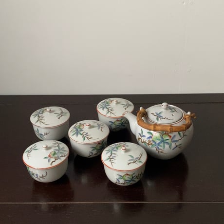 松風 古い茶器セット(急須+蓋茶碗5客) 桃柄 桃図 植物画   竹持ち手 湯呑 煎茶器