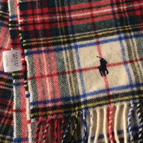 RALPH LAUREN  ラルフローレン   ウール100%  大判ストール  ひざ掛け 膝掛け  肩掛け マフラー  タータンチェック 赤/白  好配色  POLO ポロ  中古良品