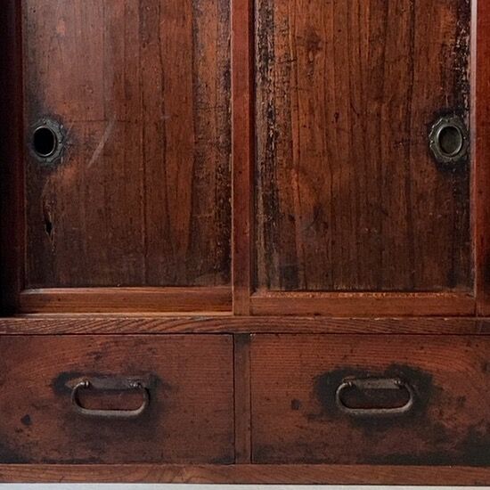 アンティーク小さい茶箪笥 帳場箪笥 引戸棚＋3杯＋2杯引出し構成 前欅